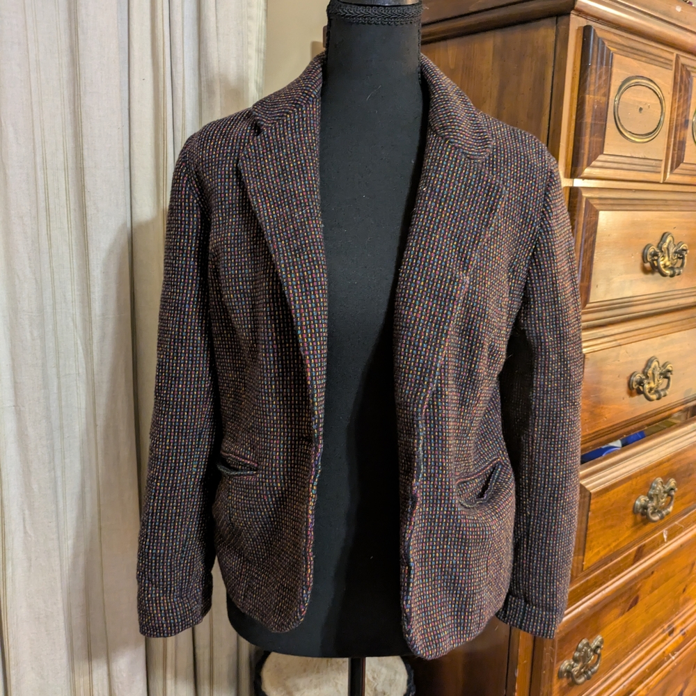 Womens Tweed Notch-Lapel Blazer Jacket - Brown Multicolor